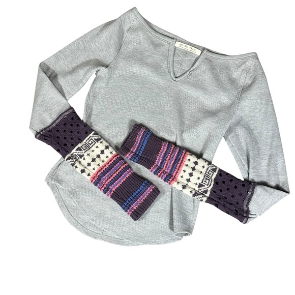 Free People We The Free Thermal Top Women's M Heather Gray Combo Cozy Craft Cuff - Picture 2 of 9